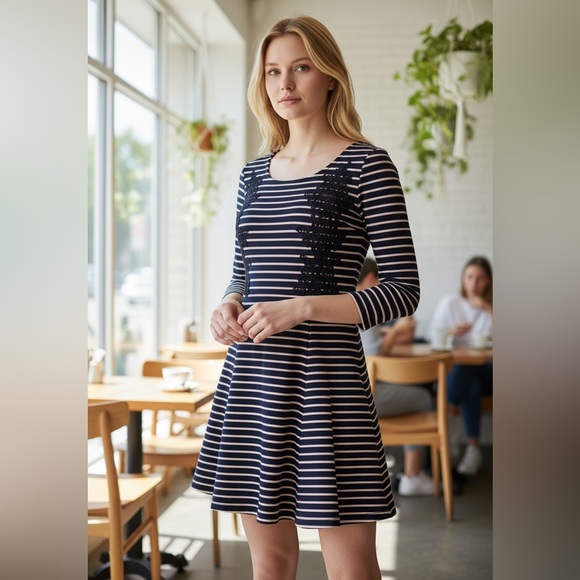 Free People Navy & Pale Pink Striped Fit & Flare - Picture 1 of 9